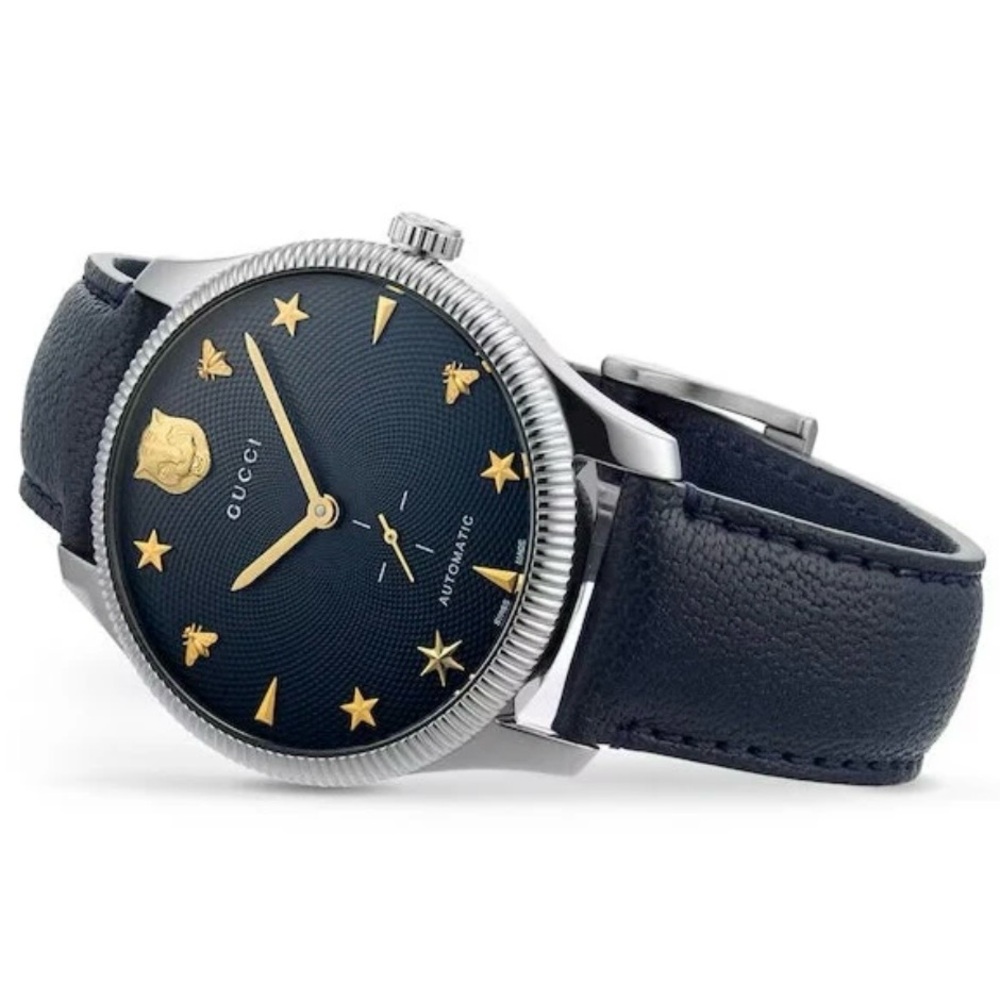 $3950 Gucci G-Timeless 40mm Charm Dial Automatic Watch, Deep Navy Blue